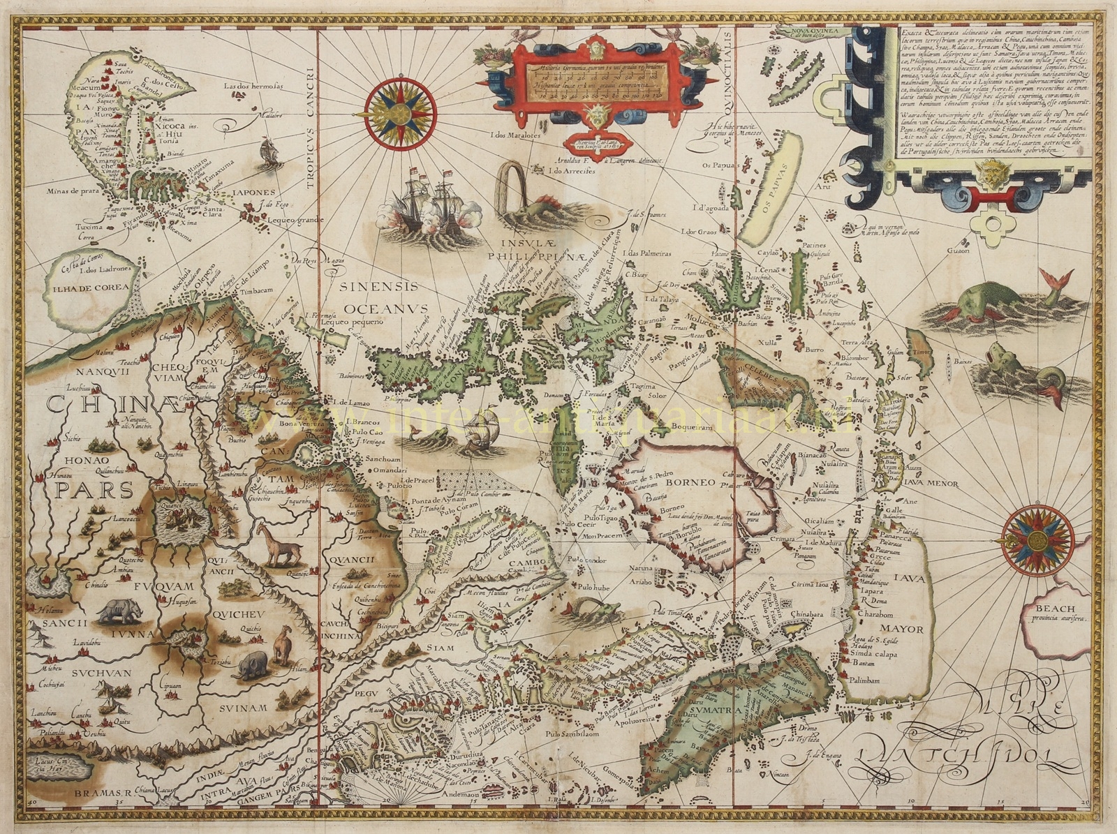 Antieke kaart van Zuidoost-Azië door Jan Huygen van Linschoten, 1595, uitgave 1638