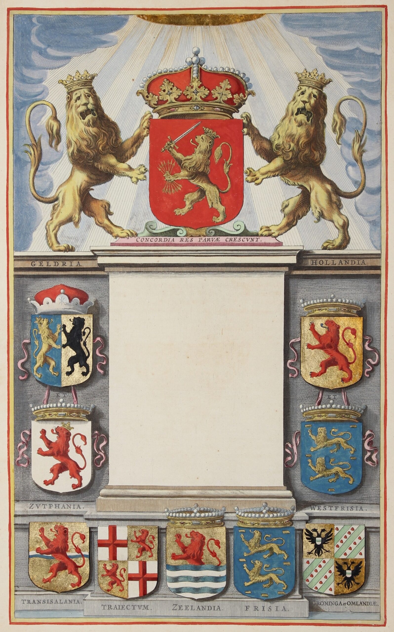 Titelblad uit Joan Blaeus stedenboek van de Verenigde Nederlanden, 1649